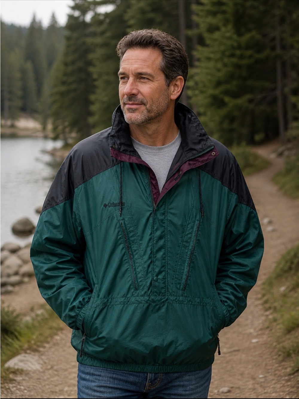 Columbia Men's Forest Green Windbreaker Jacket Hooded 
3/4 Zip XXL Unisex Style